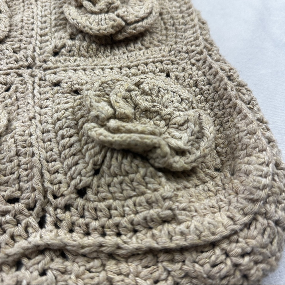 Handmade Knit Crochet Shoulder Bag Wood Floral Cottagecore Sequoia Line Tan Hobo - Picture 3 of 7